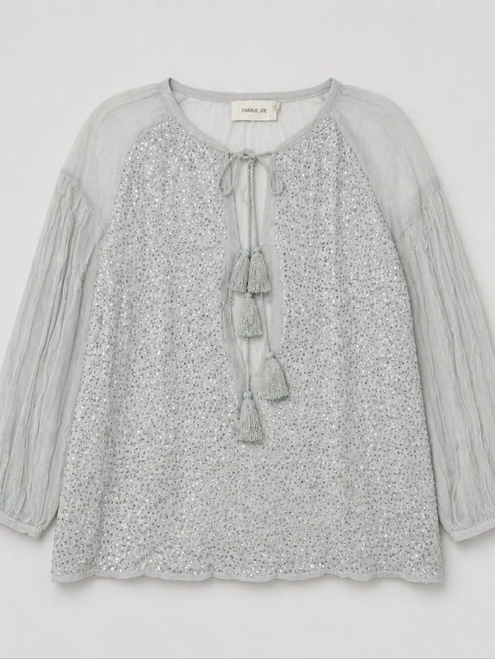 Charlie Joe Sequin Embellished Sheer Boho Blouse 100% Silk Tassel Festival Sz S